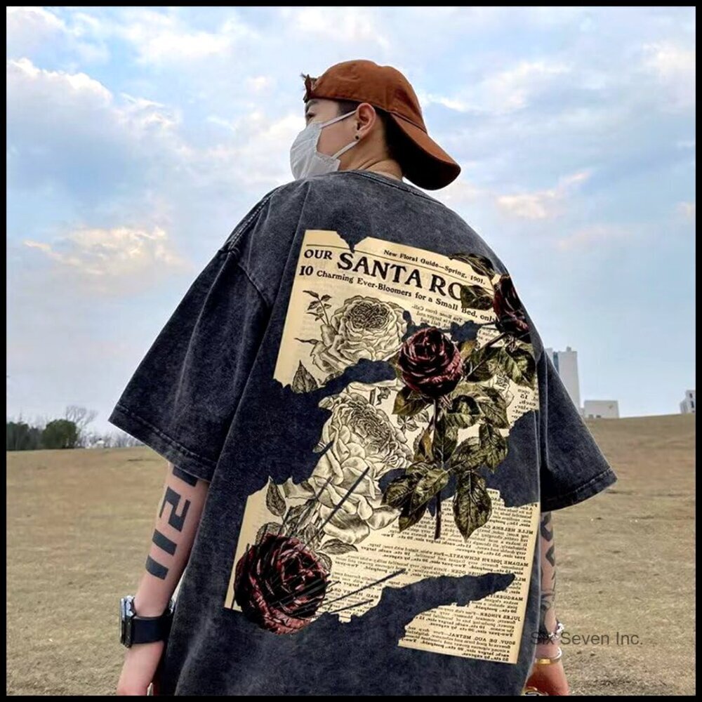 Oversized Graphic Tee Y2K Grunge Streetwear Unisex Short Sleeve Rose Print - Picture 2 of 7